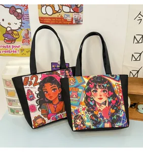 Bolso tote de lona con estampado de dibujos animados, lindo bolso de hombro para compras.
