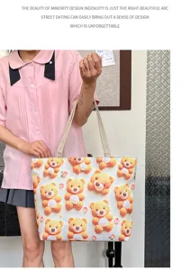Bolso tote de lona estilo coreano con lindo estampado de oso 3D, bolso de hombro informal