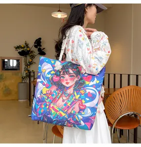 Modische große Segeltuch-Tragetasche mit buntem Anime-Druck für Damen und Schüler im Alltag