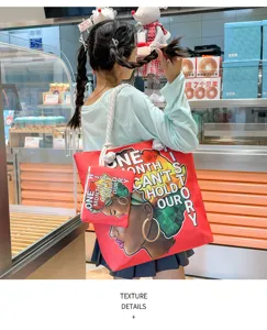 Sac cabas en toile avec impression graphique de fille noire, sac bandoulière décontracté pour voyage.