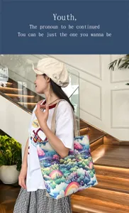Bolso de hombro de lona informal coreano con estampado de paisaje colorido, gran bolso para mujer.