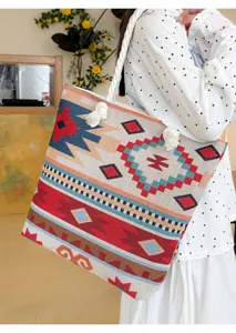 Ethnic geometric pattern canvas tote bag with thick rope handles, large capacity shoulder bag for women.