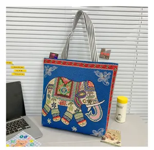 Bolso tote de lona estilo étnico bordado de elefante bolso de hombro informal capacidad