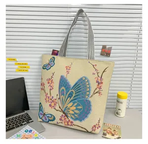 Bolso Tote Lona Bordado Mariposa Azul Casual Gran Capacidad Bolso Hombro Estilo Etnico