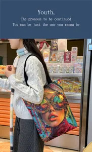 Modische Canvas Umhängetasche mit buntem Pop-Art-Druck, lässige Freizeittasche für Damen.