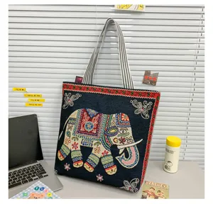 Bolso tote de lona estilo etnico con bordado de elefante, gran capacidad bolso de hombro casual.