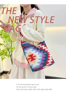 Detailed view of the ethnic style woven crossbody bag showcasing colorful geometric patterns and fabric.