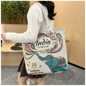 Ethno-Stil Canvas Shopper Tasche mit Elefanten-Bestickung, große Umhängetasche für Damen.