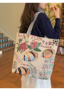 Bolso tote de lona tejida vintage con estampado floral y de peces, gran bolso de hombro.