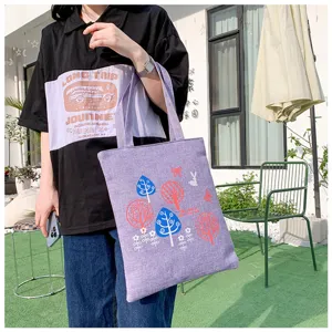 Μωβ τσanta tote από καμβά για γυναίκες, casual τσάντα ώμου με σχέδιο δέντρου και κουνελιού.