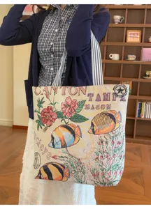 Bolso tote de lona de estilo étnico con bordado de peces vintage de gran capacidad mujer.