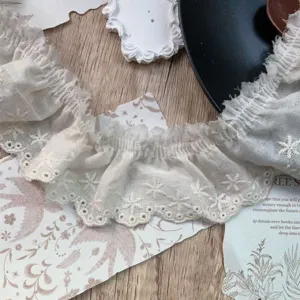 5.5cm white star embroidered cotton pleated lace trim for sewing garments crafts DIY.
