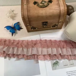 3 layer chiffon lace ruffle trim for dress clothing sewing DIY crafts pink decorative ribbon