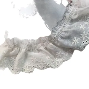 White pleated lace trim with star embroidery, 5.5cm wide DIY fabric clothing accessory.