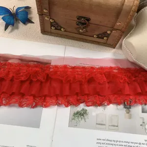Red 3-layer chiffon lace ruffle trim detail shot, perfect for DIY sewing and doll dress decor.
