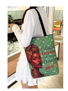 Grand sac cabas en toile avec impression portrait femme noire, sac bandoulière décontracté.