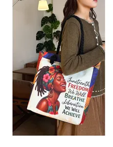 Canvas tote tas met artistieke print van Afrikaanse vrouw en inspirerende tekst voor dagelijks.