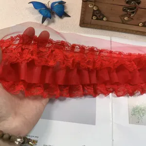 10cm 3-Layer Chiffon Lace Ruffle Trim Red Fabric DIY Doll Skirt Hair Accessory Craft