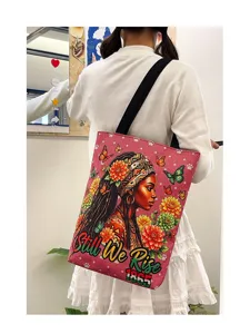 Sac cabas en toile avec impression artistique élégante de femme noire et fleurs.