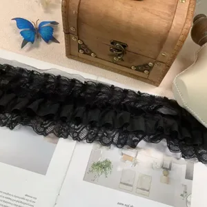 10cm 3-layer black chiffon lace ruffle trim for dress clothing sewing craft DIY decor.