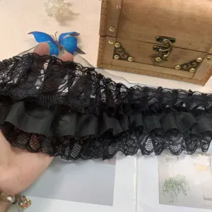 3-layer black lace ruffle trim 10cm wide chiffon fabric for DIY dress sewing craft projects.