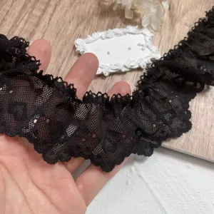 Ribete de encaje negro de 5cm con bordado de corazón, cenefa plisada para costura DIY de prendas.