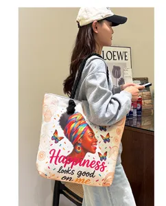 Stijlvolle canvas tote tas met Afrikaanse vrouwen kunstprint en dikke touwriem voor dagelijks gebruik.