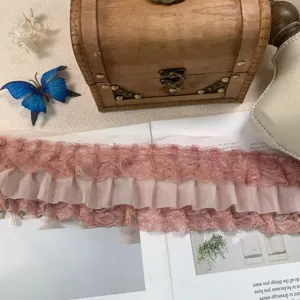 3 layer chiffon lace ruffle trim 10cm wide pink pleated fabric for diy sewing dress crafts