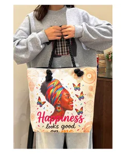 Canvas tote tas met dikke zwarte touw handgrepen en stijlvolle zwarte vrouw cartoon print.