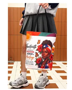Détail du sac cabas en toile avec impression colorée Juneteenth et poignées solides.