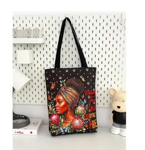 Grand sac cabas en toile avec imprime de portrait de femme noire, sac a epaule decontractee.