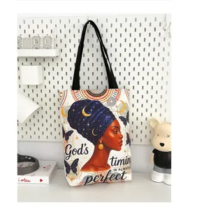 Sac cabas en toile avec impression artistique de femme noire grand sac epaule decontracte