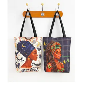 Grand sac cabas en toile avec impression d art de femme noire, sac d épaule tendance.