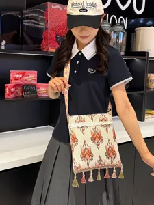 Bolso Bandolera Bordado Estilo Étnico Mujer Bolso de Hombro Gran Capacidad Con Borlas y Detalle de Encaje
