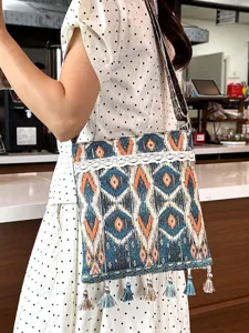Bolso cruzado geométrico de estilo étnico con borlas y encaje para mujeres uso diario