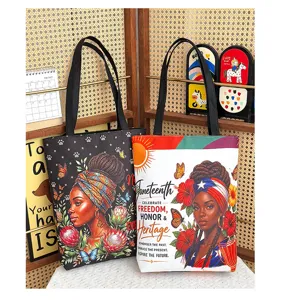 Grand sac cabas en toile de grande capacité avec imprimé artistique de femme noire.