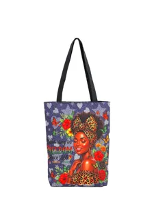 Grand sac cabas en toile avec impression élégante de femme noire, sac bandoulière.
