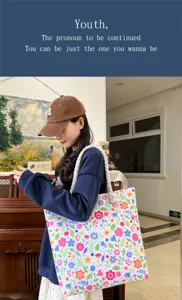 Borsa shopper in tela da donna con stampa floreale, borsa a spalla grande capienza.