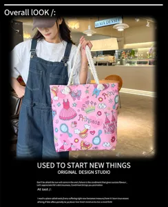 Pink canvas beach bag with cute princess and castle print, casual shoulder tote for women.
