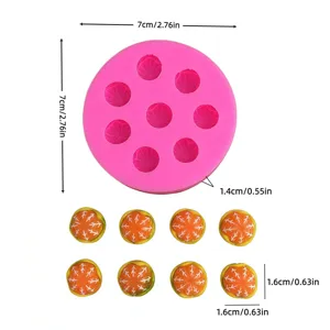 Silicone fruit fondant mold detail view, showing dimension specs and small orange cavity shapes.