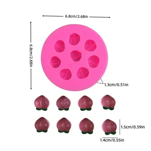 Mini peach silicone mold for chocolate fondant and cake decoration with dimensions.