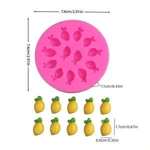 Pink silicone fruit mold detail view showing exact dimensions of 7.4cm with lemon pieces.