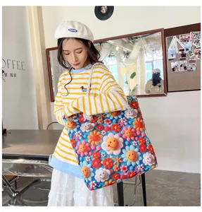 Colorful floral canvas tote bag, casual large capacity shoulder bag for daily shopping travel.