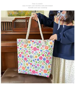 Borsa shopper in tela da donna, grande borsa a tracolla floreale con comodi manici in corda.