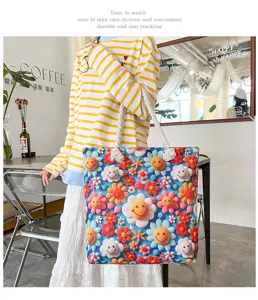 Colorful flower smiley canvas tote bag casual shoulder beach bag with hemp rope handle.