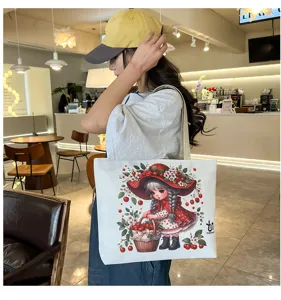 Borsa shopper in tela da donna, borsa a tracolla casual con grazioso disegno di ciliegie.
