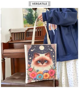 Niedliche Katzen-Leinwand-Tragetasche, lässige Umhängetasche für Alltag, Schule und Einkaufen.