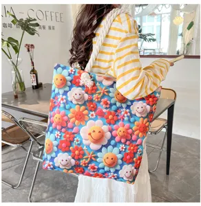 Fashion casual canvas tote bag with colorful smiley flower print and braided rope handles.