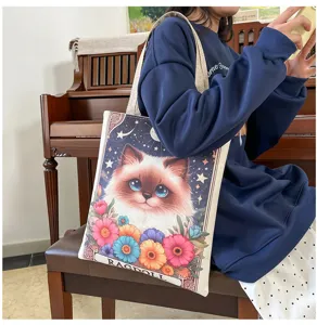 Leinwand-Tasche für Damen mit süßem Katzen- und Blumenmuster, lässige Schulter-Einkaufstasche.