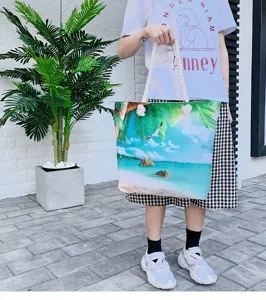 Borsa da spiaggia in tela alla moda con stampa di paesaggi tropicali, borsa a spalla estiva casual.